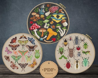 Insect and mushroom set cross stitch pattern PDf, Mushroom embroidery art, Nature cross stitch, Cottagecore decor, Fall Decor DIY