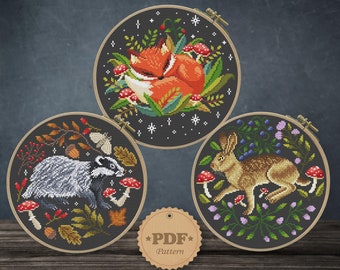 Wildlife Cross Stitch Pattern: Fox, Hare, Badger (PDF Pattern)