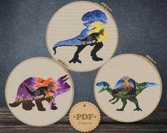 Dinosaur Silhouette Cross Stitch Pattern Set: T-Rex, Triceratops (PDF Pattern)