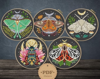 Set of Luna moth cross stitch pattern PDf, Moon butterflies cross stitch, Moon phases cross stitch, Insect cross stitch, Flower embroidery