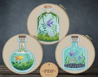 Aquarium Cross Stitch Pattern Set: Modern Fish Design (PDF Pattern)