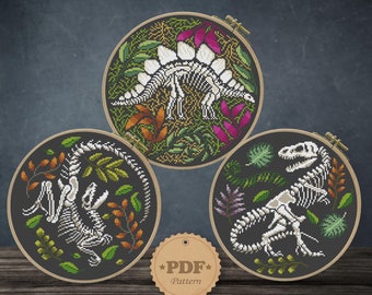Dinosaur Skeletons Set cross stitch pattern PDf, Dinosaur cross stitch, Halloween cross stitch, Floral dino cross stitch, Dino wall decor