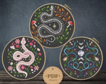Snake set cross stitch pattern PDF, Modern cross stitch, Gothic Cross Stitch, Cottagecore decor, Serpent home decor, Snake lover gift