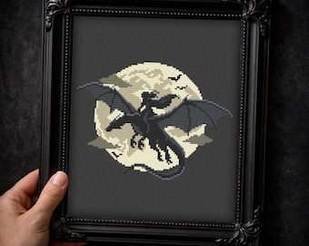 Dragon Rider Silhouette Cross Stitch Pattern PDF, Moonlit Fantasy Embroidery, Gothic & Witchy Mythical Art