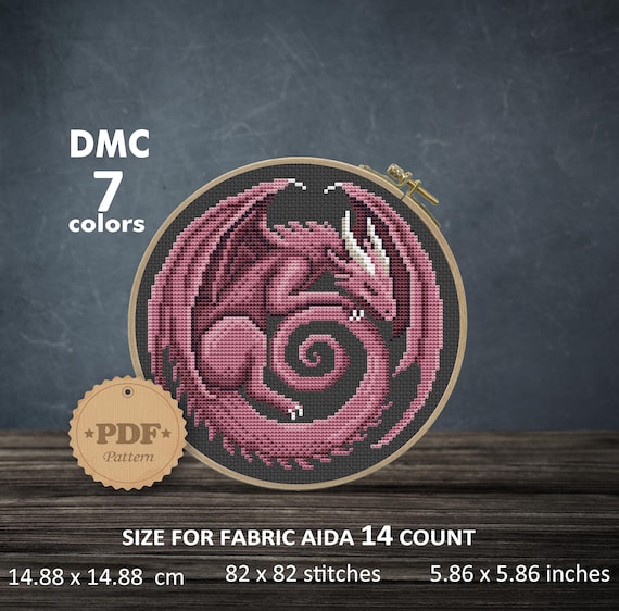 Fantasy Dragon Cross Stitch Pattern PDF, Pink Mythical Creature Embroidery for Modern Gothic Decor
