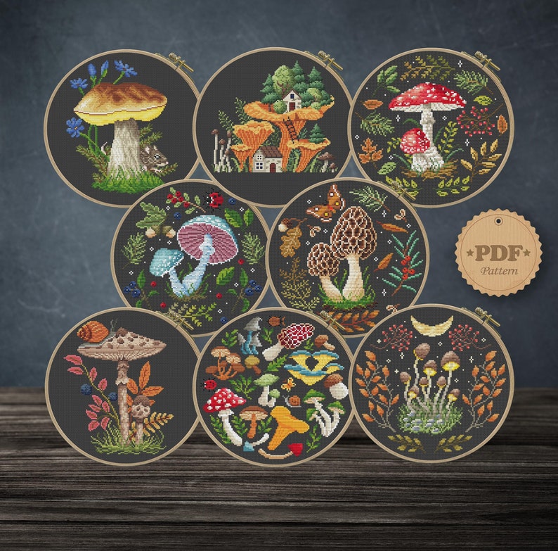 Mushrooms set cross stitch pattern PDF, Woodland embroidery, Witchy fungi cross stitch, Home wall decor DIY, Toadstool cross stitch pattern image 1