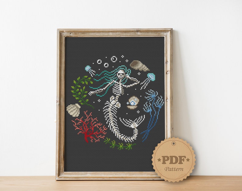 Mermaid Skeleton Cross Stitch Pattern: Magic Halloween Decor (PDF Pattern) image 3