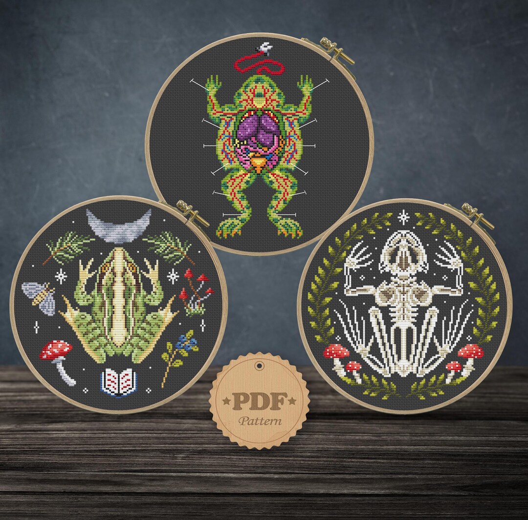 Witchy Frog Cross Stitch Pattern Bundle, Gothic Anatomy, Skeleton (PDF ...