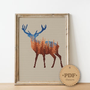 Forest cross stitch pattern PDF, Modern cross stitch pattern, Deer silhouette cross stitch, Animal cross stitch, Autumn forest cross stitch image 2