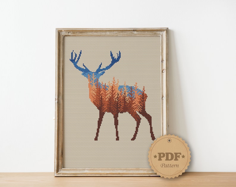 Forest cross stitch pattern PDF, Modern cross stitch pattern, Deer silhouette cross stitch, Animal cross stitch, Autumn forest cross stitch image 2