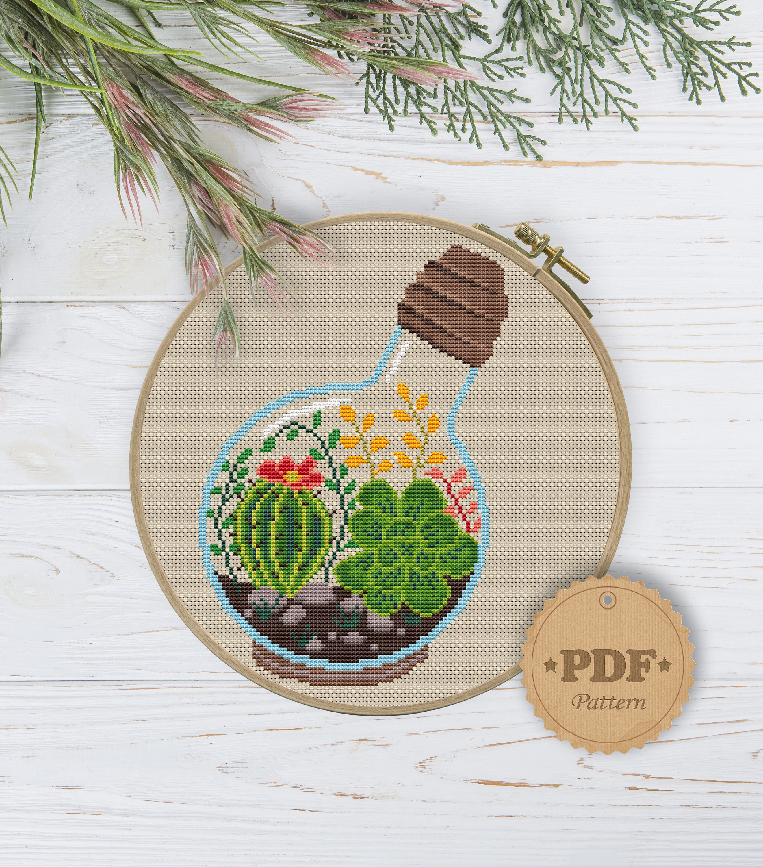 Succulent Terrarium Cross Stitch Pattern Floral Cross Stitch Etsy