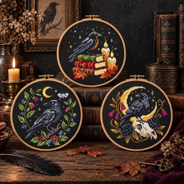 Raven Cross Stitch Pattern Bundle, 3 Gothic Crow Designs, Interactive PDF Book