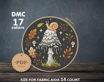 Mushroom Cross Stitch Pattern PDF, Shaggy Ink Cap Xstitch, Snail and Fungi Embroidery, Dark Academia Needlepoint, Goblincore Forest Decor
