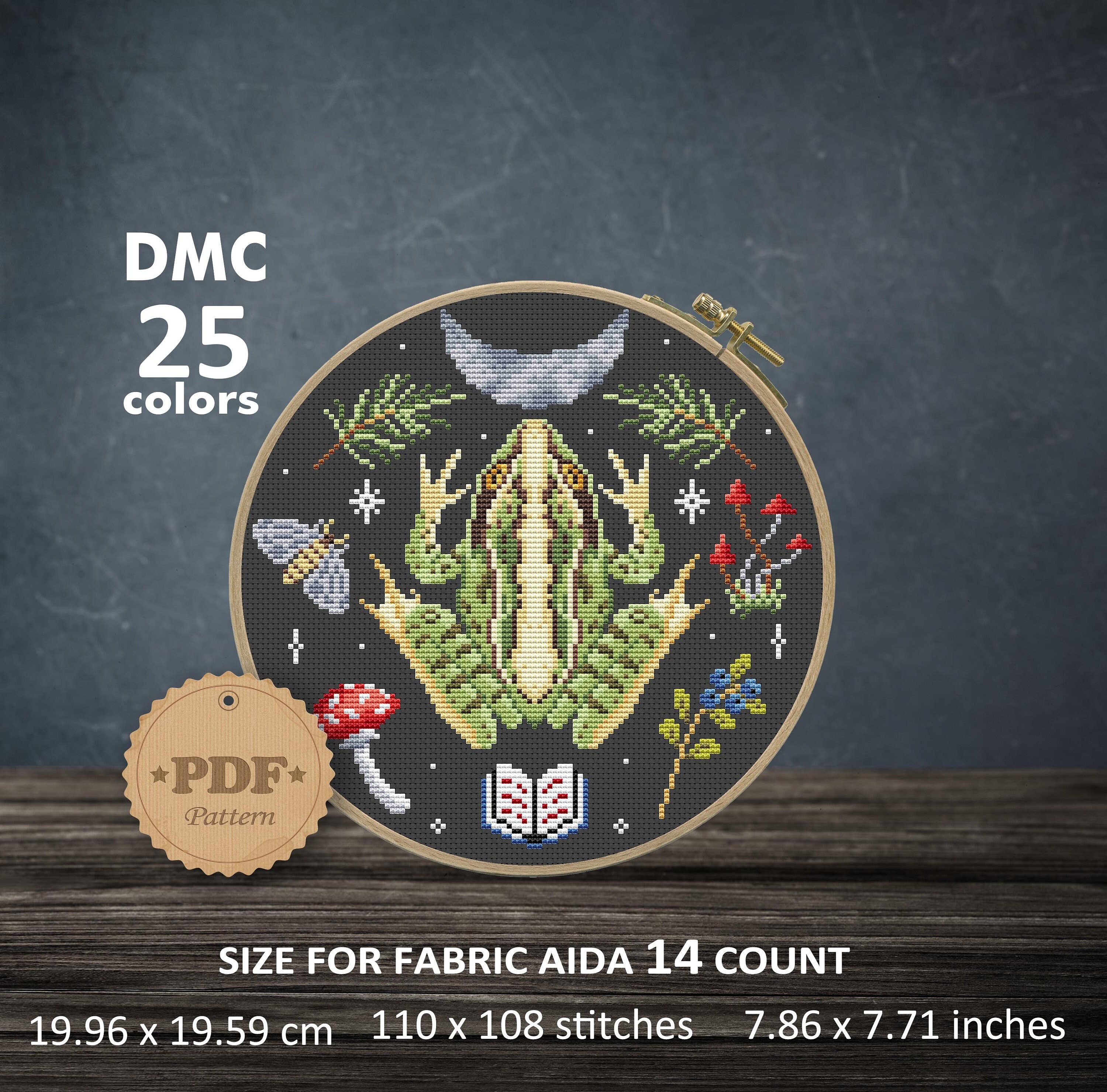 Witch frog cross Stitch pattern PDF, Toad cross stitch, Goblincore embroidery, Cottagecore decor, Luna Moth cross stitch, Mushroom Decor DIY