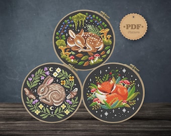 Sleeping Woodland Animals Cross Stitch Pattern Bundle PDF, Set of 3 Witchy Charts, Fox, Rabbit, Fawn