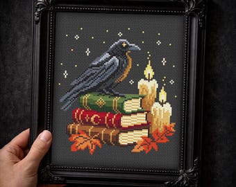 Dark Academia Crow Cross Stitch Pattern PDF, Witchy Raven on Books Embroidery, Gothic Autumn Decor