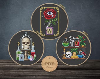 Witchy Apothecary Cross Stitch Pattern Bundle PDF, Set of 3 Gothic Charts for Dark Academia Decor, Macabre Art