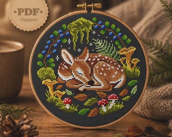 Sleeping Fawn Cross Stitch Pattern PDF, Witchy Woodland Deer and Mushroom Embroidery, Forestcore Art