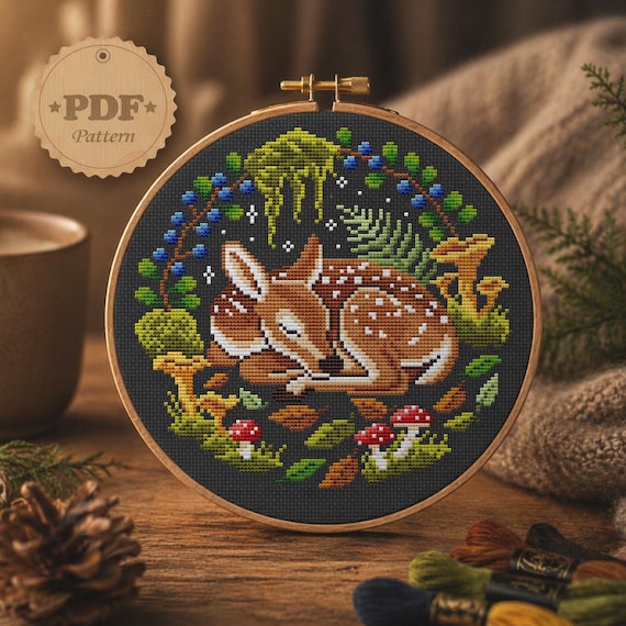 Sleeping Fawn Cross Stitch Pattern PDF, Witchy Woodland Deer and Mushroom Embroidery, Forestcore Art