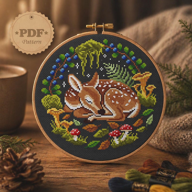 Korsstygnsmönster i PDF-format med sovande rådjur, broderi av häxiga skogshjortar och svampar, Forestcore Art bild 1