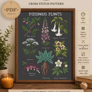 Może przedstawiać: Oprawiony wzór do haftu krzyżykowego zatytułowany POISONOUS PLANTS przedstawiający ilustracje pokrzyku, naparstnicy, bielunia, szczwołu, lulka, serduszki, mandragory i ciemiernika, wykonany przy użyciu 27 kolorów nici DMC na kanwie Aida 14.