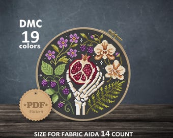 Skeleton Hand Pomegranate Cross Stitch Pattern PDF, Gothic Botanical Embroidery Chart, Dark Academia Needlepoint, Occult Floral Stitch