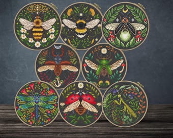 Mystical Insect Cross Stitch Pattern Bundle PDF, Set of 9 Witchy Bug Charts for Gothic Botanical Art (PDF Pattern)