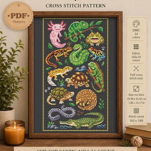 Peut inclure: Un modèle de point de croix intitulé REPTILES représentant un axolotl, un caméléon, une grenouille, un serpent, un lézard, une tortue, un pangolin et un crocodile sur fond sombre. Il utilise 34 couleurs DMC sur toile Aida 14, mesurant 19,96 par 34,47 cm.