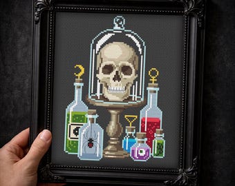 Witchy Apothecary Cross Stitch Pattern PDF, Gothic Skull and Potion Bottle Chart, Macabre Art