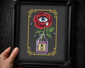 Gothic Rose Eye Cross Stitch Pattern PDF, Macabre Poison Bottle Embroidery, Dark Academia and Witchy Art