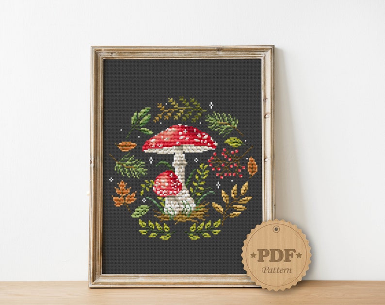 Fly agaric cross stitch pattern PDf, Amanita mushroom cross stitch, Modern cross stitch pattern, Toadstool cross stitch, Witchy fungi image 3