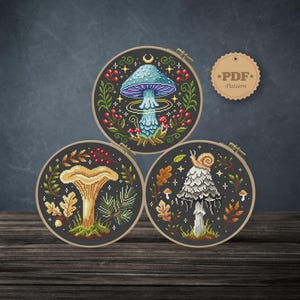 Mystical Mushroom Cross Stitch Pattern Bundle PDF, Set of 3 Witchy Charts for Goblincore and Forest Decor