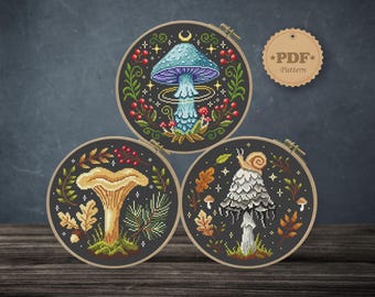Mystical Mushroom Cross Stitch Pattern Bundle PDF, Set of 3 Witchy Charts for Goblincore and Forest Decor