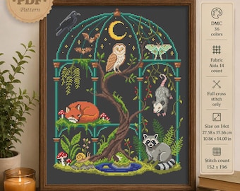 Woodland Animals Cross Stitch Pattern (SAL), Dark Cottagecore Owl Fox Opossum Raccoon Needlepoint Chart, Gothic Greenhouse PDF