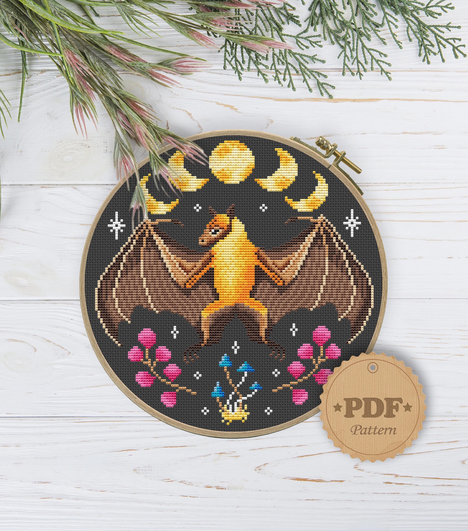 Fruit Bat Cross Stitch Pattern: Moon Phases, Gothic Halloween (PDF ...