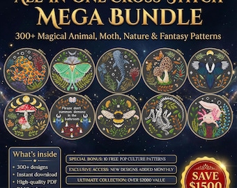 May include: An advertisement for an all-in-one cross-stitch mega bundle. The image features ten circular cross-stitch patterns with magical animal, moth, nature, and fantasy themes. Text includes "300+ designs," "Instant download," and "Save $1500."