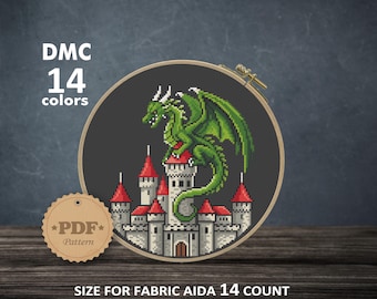 Fantasy Dragon Castle Cross Stitch Pattern, Mythical Creature Embroidery Chart (PDF)