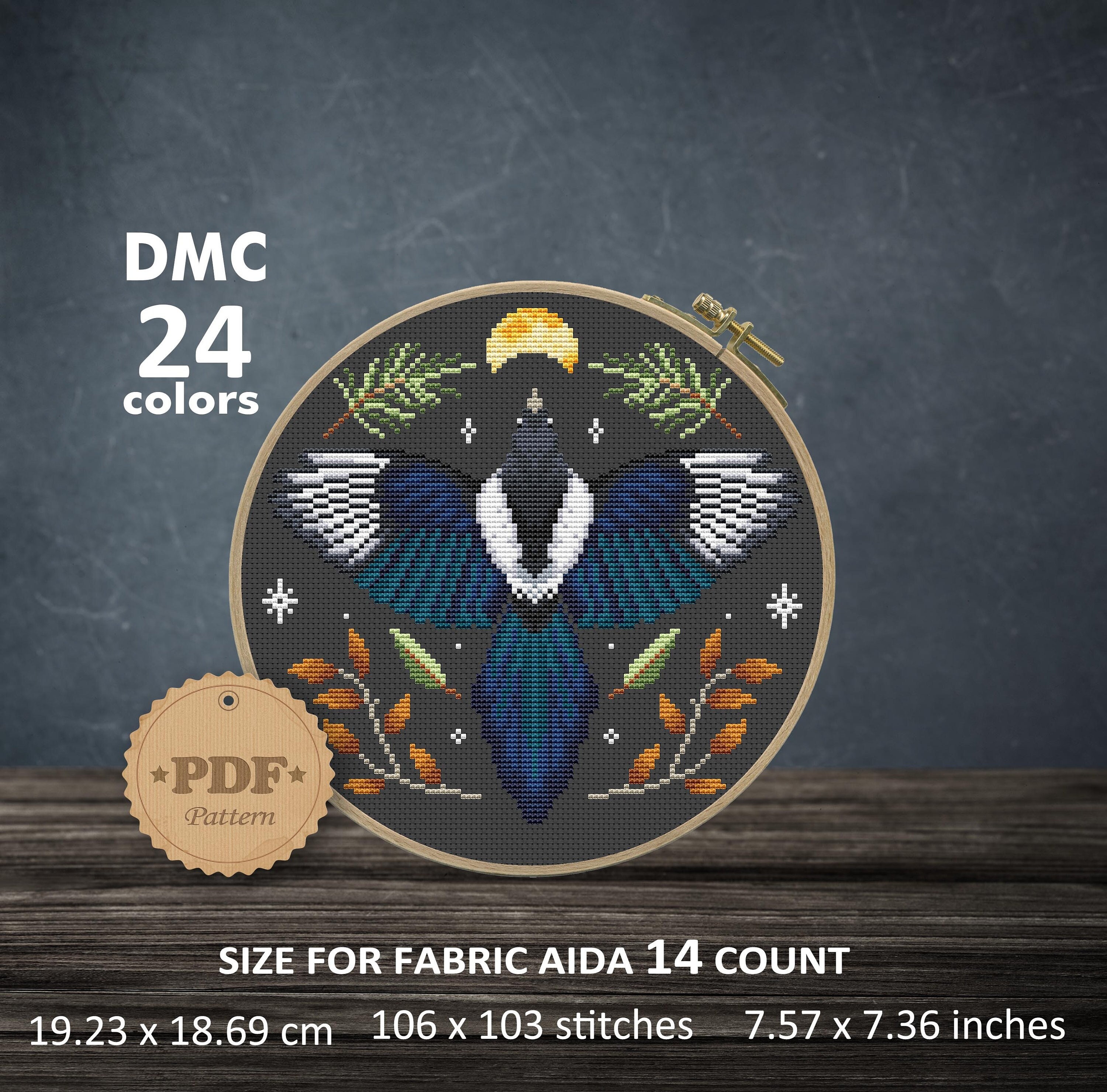 Magpie bird cross stitch pattern PDf, Modern cross stitch pattern, Cottagecore decor, Flying Bird, Bird wall decor DIY, Magpie lover gift