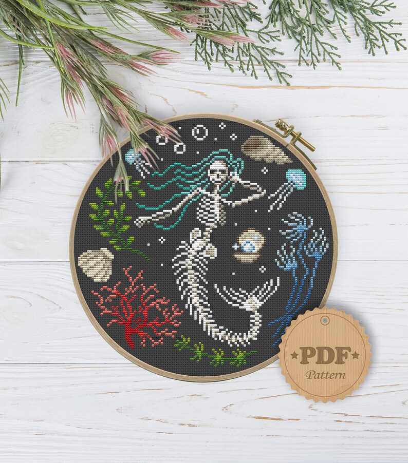 Mermaid Skeleton Cross Stitch Pattern: Magic Halloween Decor (PDF Pattern) image 5