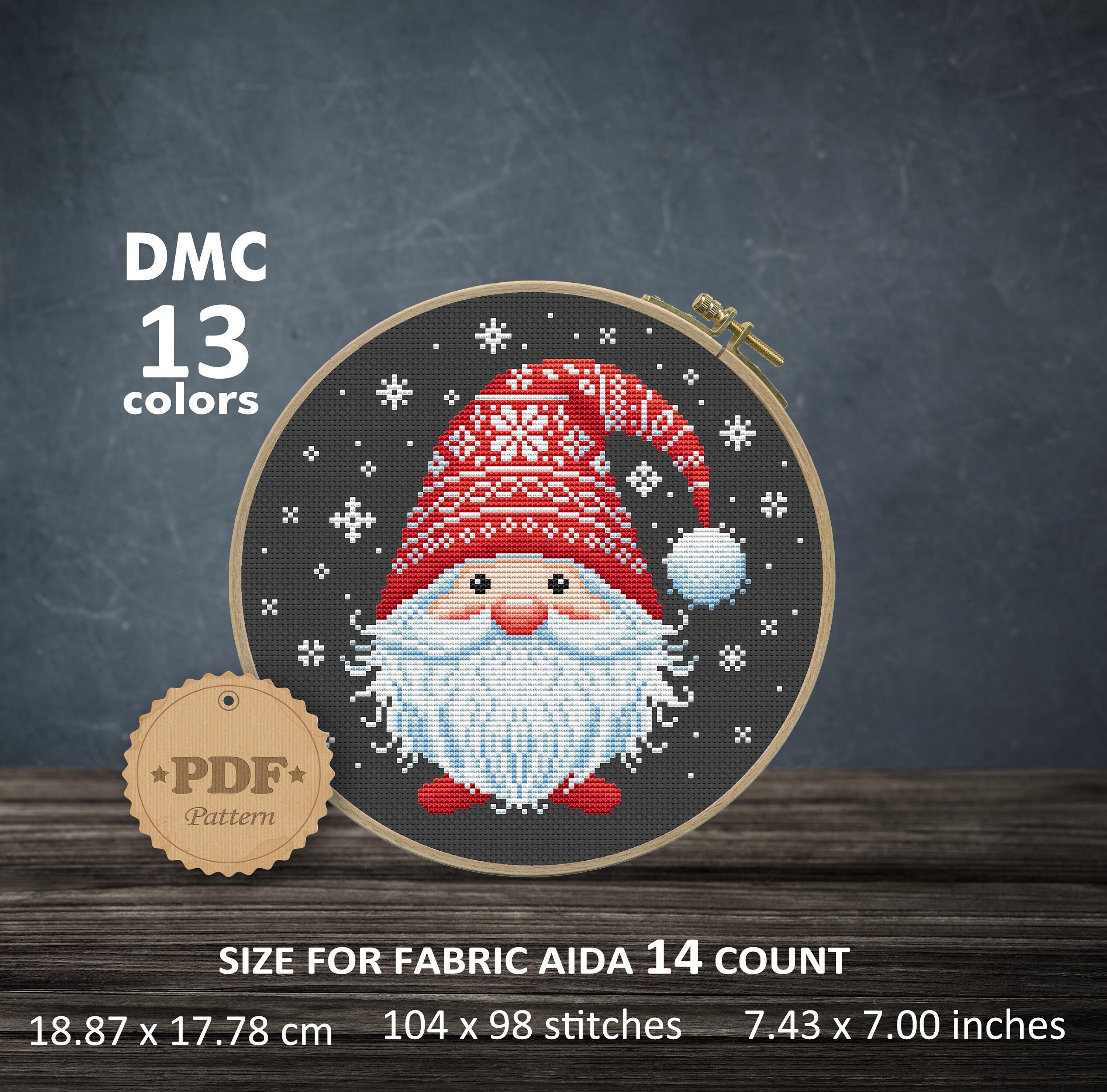 Funny Christmas Gnome cross stitch pattern with Santa hat, Gnome cross stitch PDF, Merry christmas, Christmas decoration, Nordic home decor