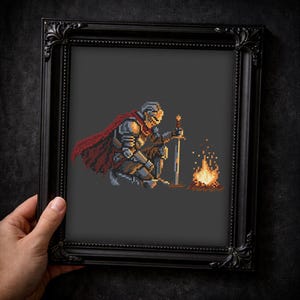 Dark Fantasy Knight Bonfire Cross Stitch Pattern, Pixel Art Medieval Decor (PDF Download) image 3