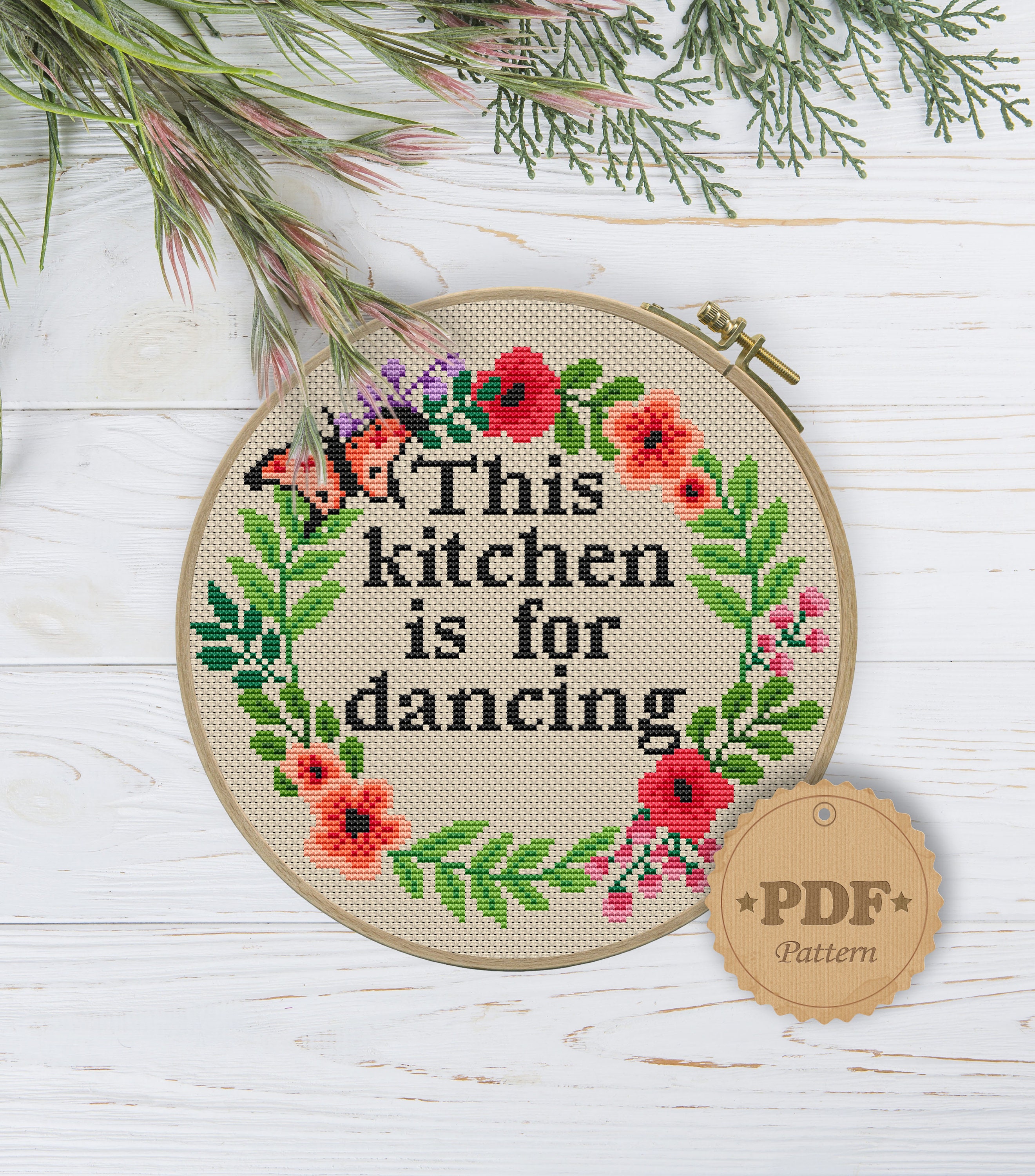 落款と図柄を組み合わせてお作りします♪ This Kitchen is for Dancing Cross Stitch PDF, Floral Cross