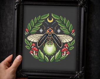 Celestial Firefly Cross Stitch Pattern PDF, Witchy Botanical Embroidery Chart for Gothic Decor