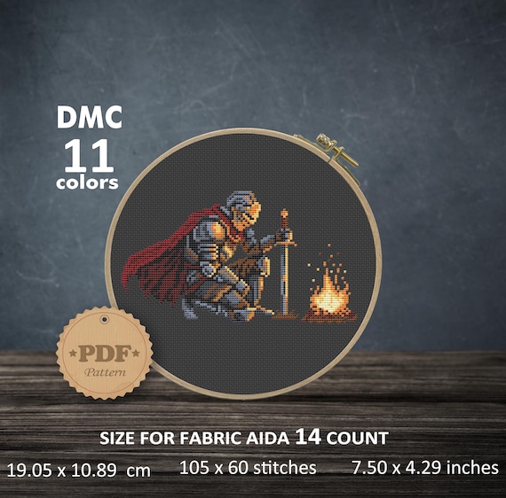 Dark Fantasy Knight Bonfire Cross Stitch Pattern, Pixel Art Medieval Decor (PDF Download)