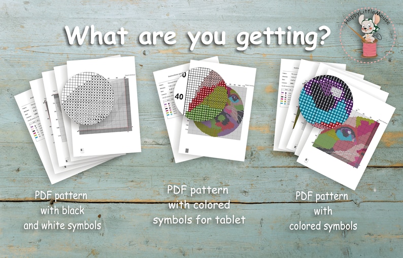 May include: Three different PDF patterns for cross-stitch embroidery. The first pattern is black and white, the second is colored, and the third is colored with symbols for tablet use.