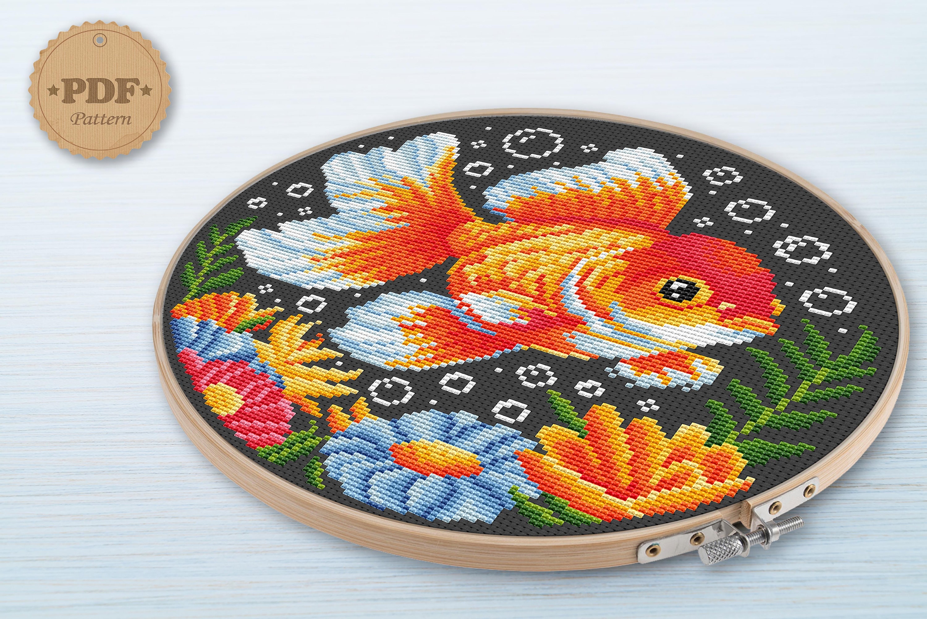 金魚のクロスステッチパターン PDF、金魚の刺繍、かわいい魚のクロス