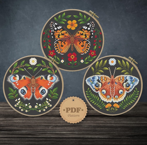 Butterfly Set Cross Stitch Pattern Pdf Floral Butterfly Cross Etsy
