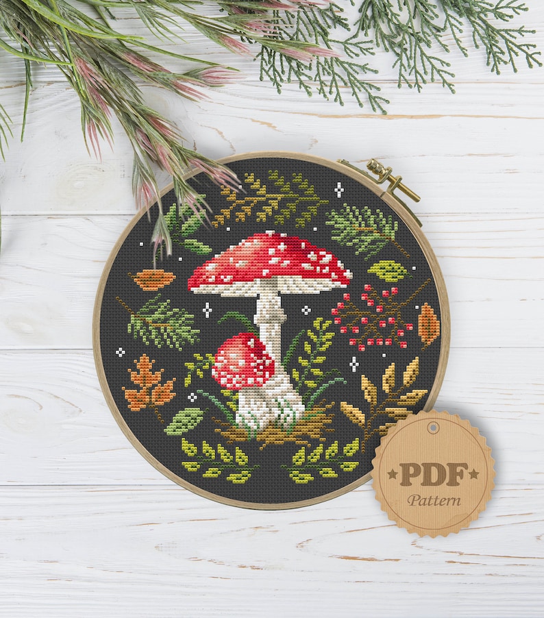 Fly agaric cross stitch pattern PDf, Amanita mushroom cross stitch, Modern cross stitch pattern, Toadstool cross stitch, Witchy fungi image 2