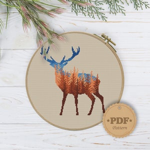 Forest cross stitch pattern PDF, Modern cross stitch pattern, Deer silhouette cross stitch, Animal cross stitch, Autumn forest cross stitch image 3