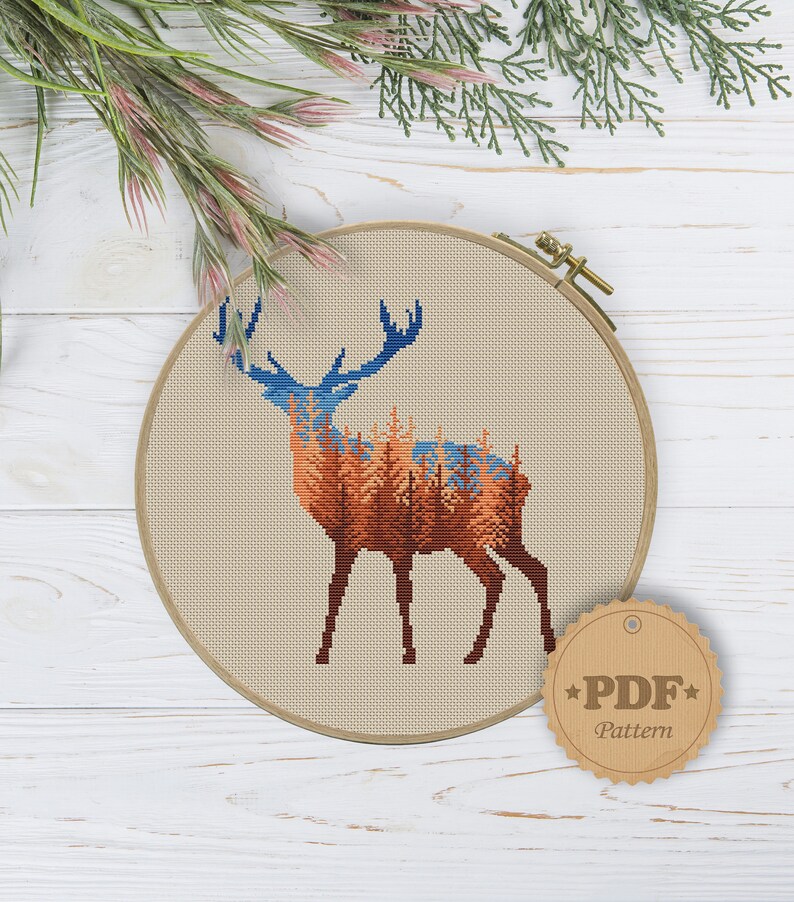 Forest cross stitch pattern PDF, Modern cross stitch pattern, Deer silhouette cross stitch, Animal cross stitch, Autumn forest cross stitch image 3